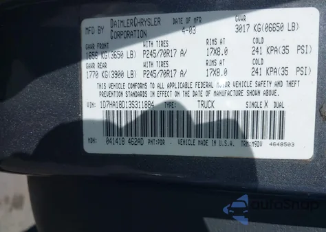 2003 Dodge Ram 1500 Slt/Laramie/St z USA, uszkodzony, nr VIN 1D7HA18D13S311884